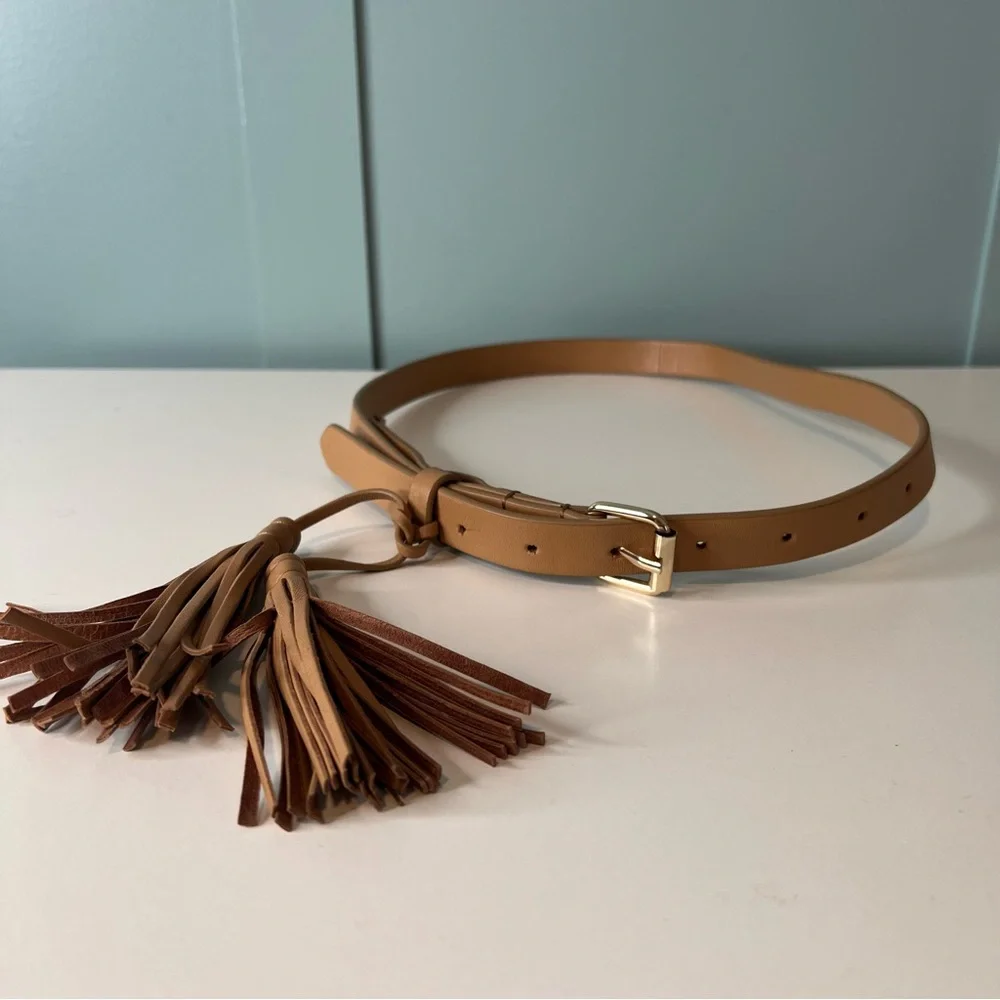 Cleobella Narrow Tan Adjustable Tassel‎ Leather Belt. OS. Safe Harbor Resource Warehouse - Cleobella Narrow Tan  main image 3